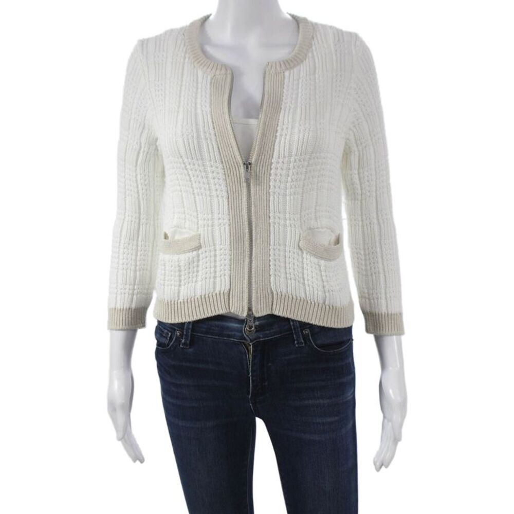 Cotton By Autumn Cashmere Women Full Zip Sweater White 3/4 Sleeve Size XS